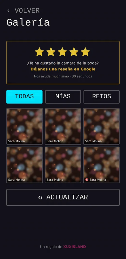 Galería de fotos de los invitados de una boda, como se ve proyectada en la pantalla del salón
