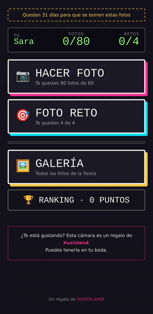 Pantalla principal de La Gran Misión en un móvil, con los botones Hacer foto, Foto reto, Galería y Ranking